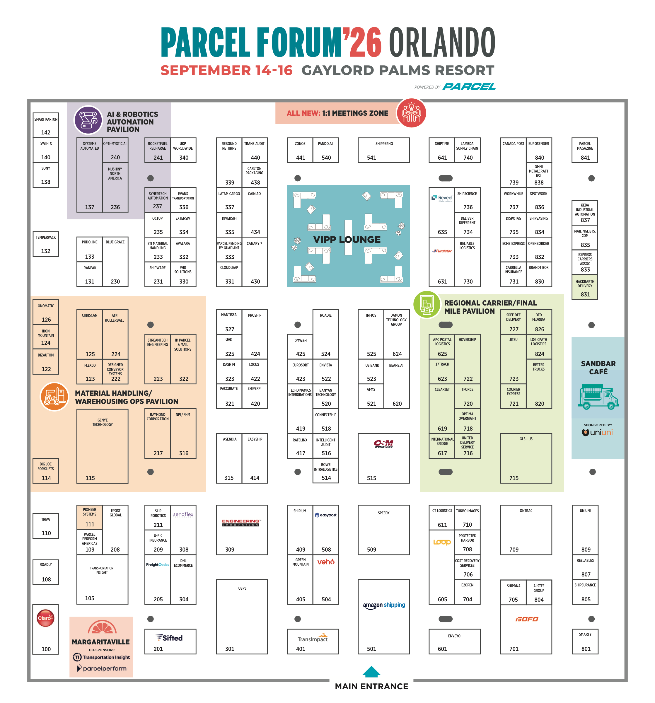 Parcel Forum 2026 exhibit hall floor plan with a route from the main entrance to ClearJet at Booth 619
